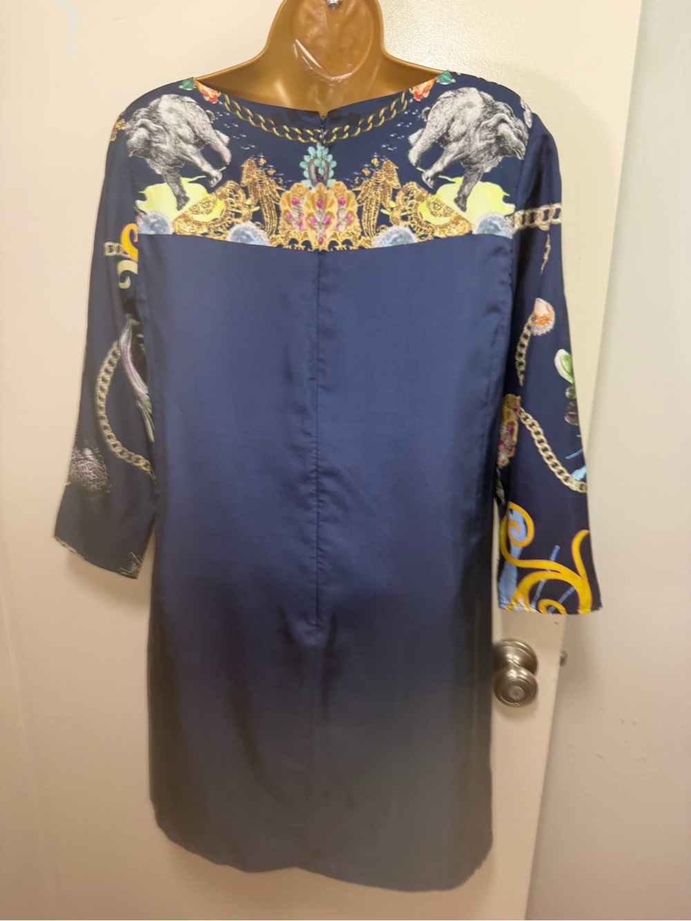Tibi Blue Silk Scarf Animal & Jewel Print Luxury Designer Shift Dress 2*FLAW* - Picture 6 of 16